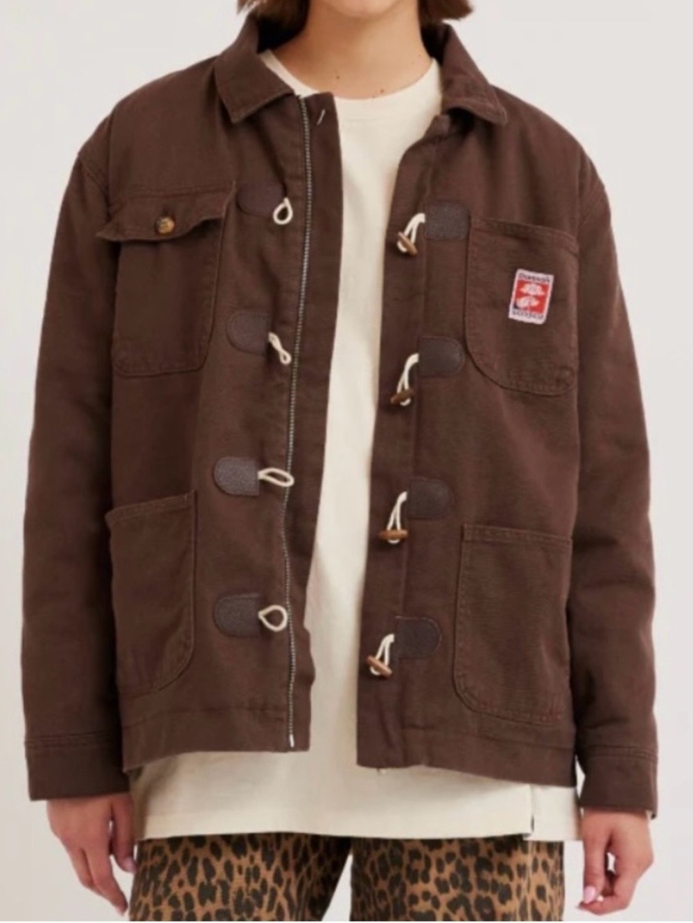 Damson Madder Dion Workwear Borg Chore Jacket Brown Canvas Toggle US 6 UK 10 EUC